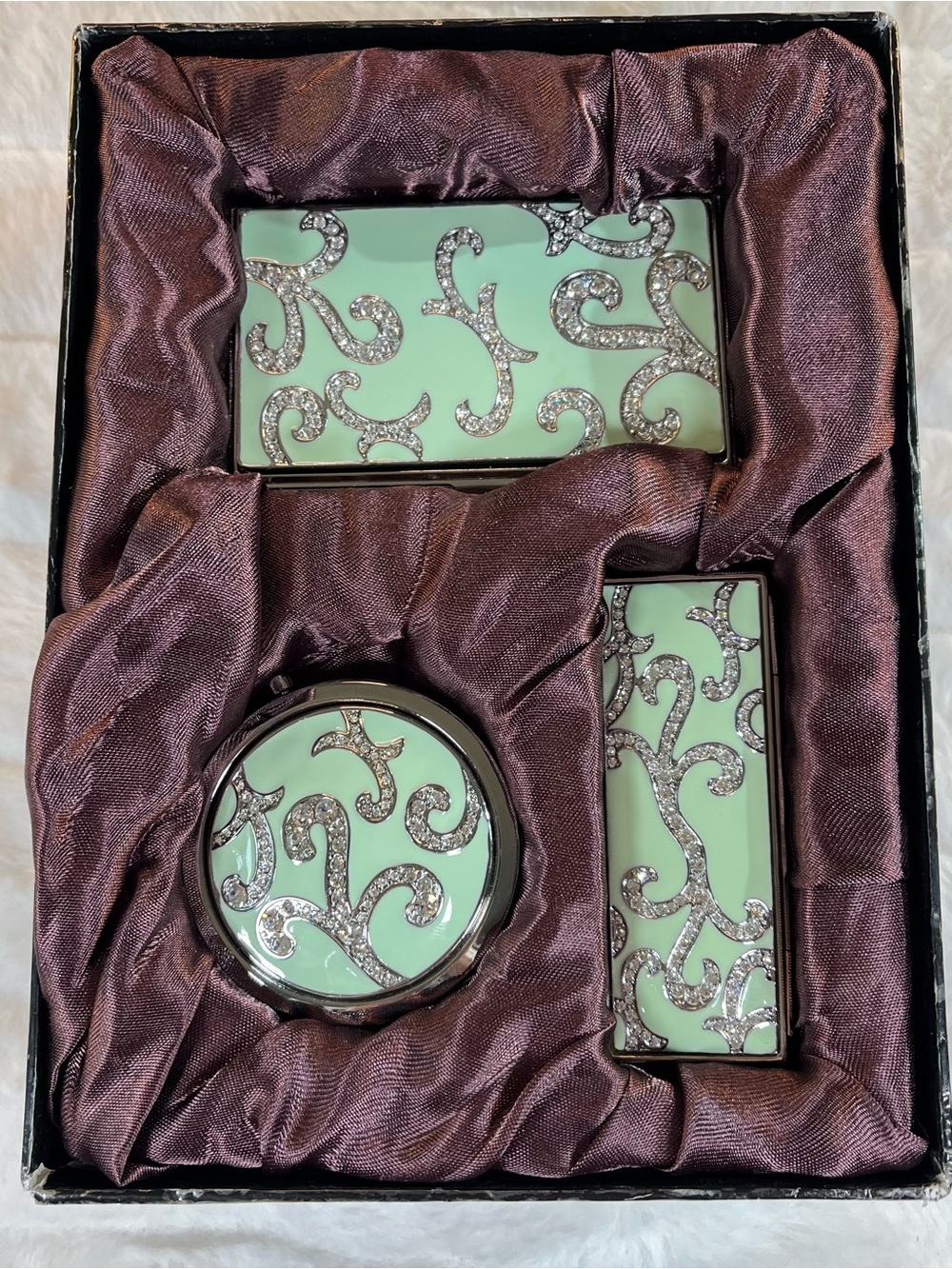 NIB Argento SC Vintage Purse Accessory Set Mint Green Enamel Swarovski Crystals